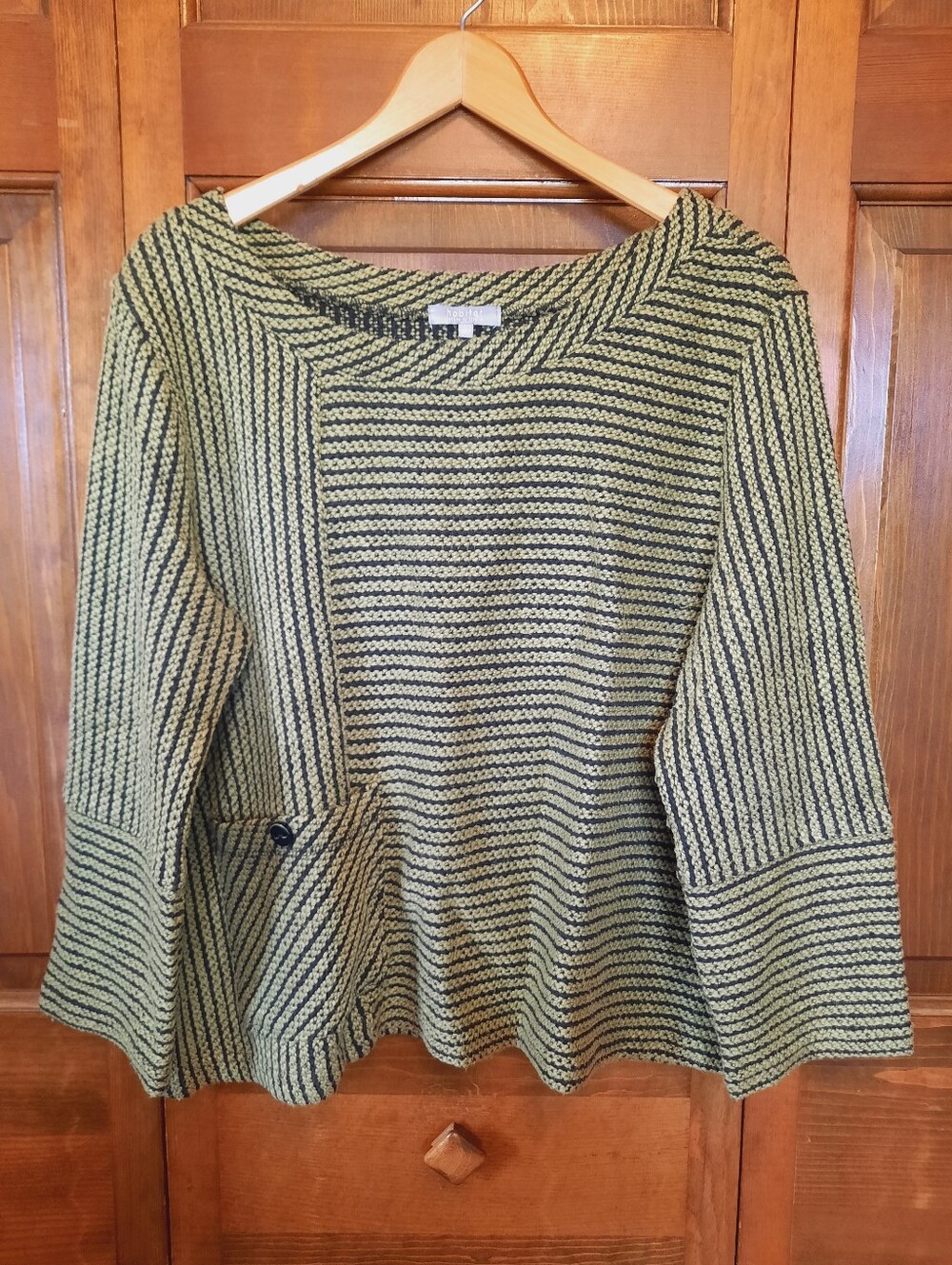 Habitat Cotton Blend Olive Green Black Boatneck Ribbed Knit Sweater Size Large